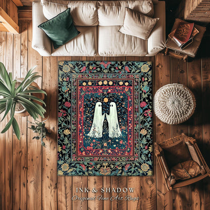 Maximalist Gothic Ghost Area Rug | Moody Whimsigoth Bedroom Decor Cozy Halloween Accent Celestial Floral Gothic Haunted Spirit Enchanted Rug