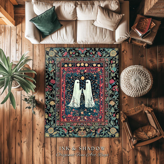 Maximalist Gothic Ghost Area Rug | Moody Whimsigoth Bedroom Decor Cozy Halloween Accent Celestial Floral Gothic Haunted Spirit Enchanted Rug