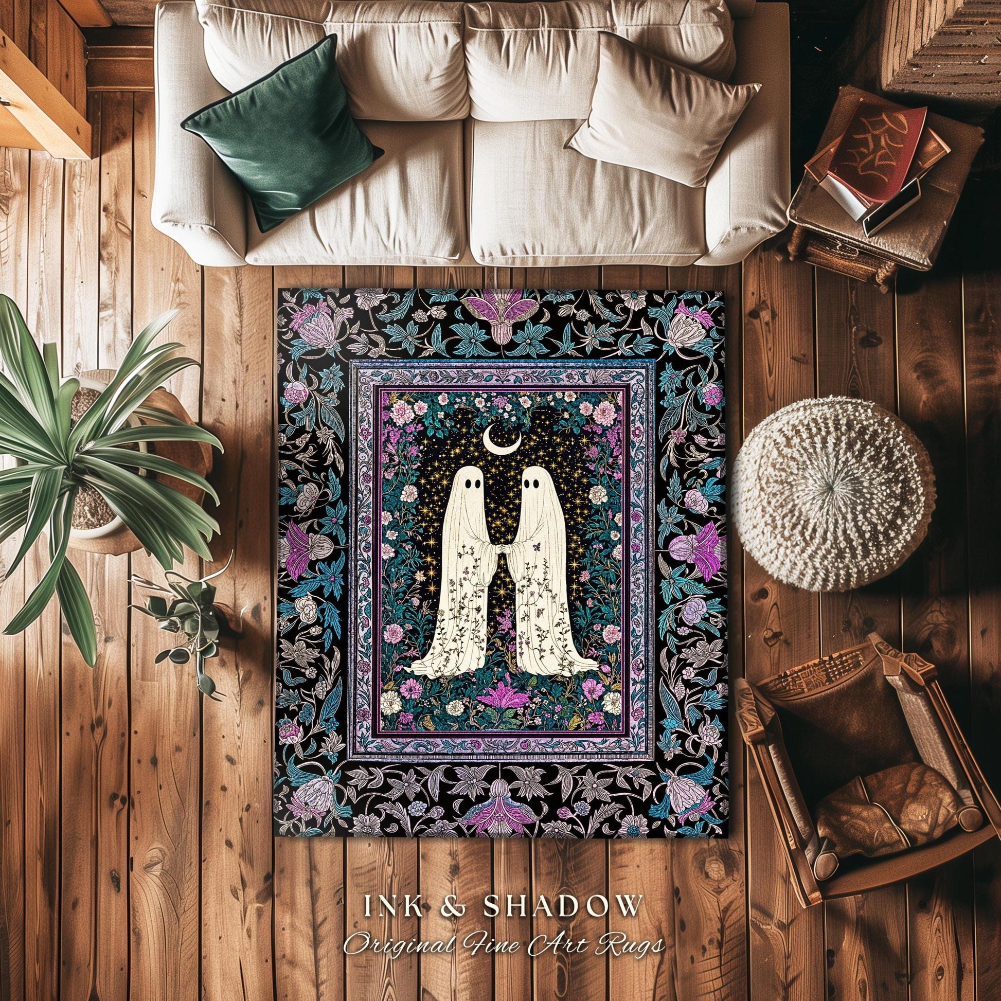 Dark Moody Floral Ghost Area Rug | Whimsigoth Witchy Halloween Bedroom Decor Celestial Cottagecore Spirit Haunted Accent Dark Academia Style