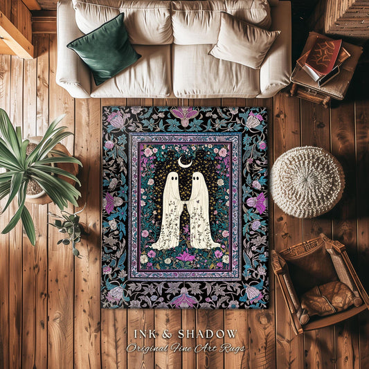 Dark Moody Floral Ghost Area Rug | Whimsigoth Witchy Halloween Bedroom Decor Celestial Cottagecore Spirit Haunted Accent Dark Academia Style
