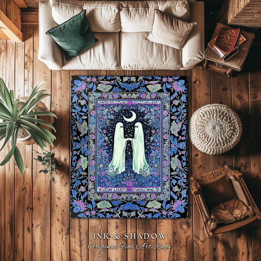 Indigo Lavender Ghost Accent Rug | Cottagecore Celestial Bedroom Decor Whimsigoth Spirits Cozy Retro Halloween Enchanted Night Gothic Style