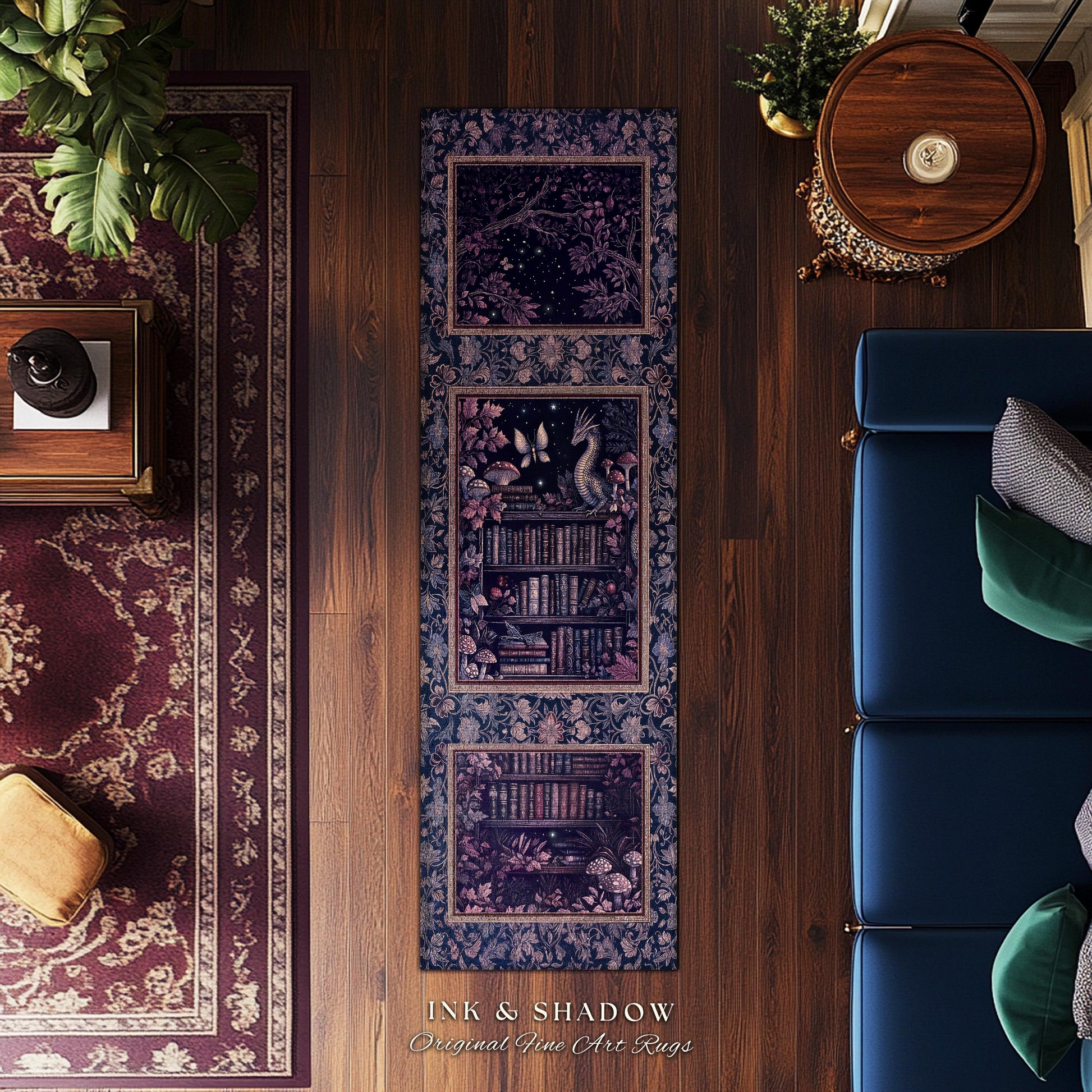 Fairytale Books & Dragon Rug Mystical Cottagecore Purple Decor | Whimsical Witchy Reading Nook Enchanted Victorian Academia Art Area Rug