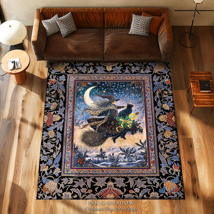 Magic Moonlit Witch Accent Rug | Ethereal Witchy Halloween Bedroom Area Rug Nostalgic Aesthetic Broomstick Black Cat Celestial Home Decor |