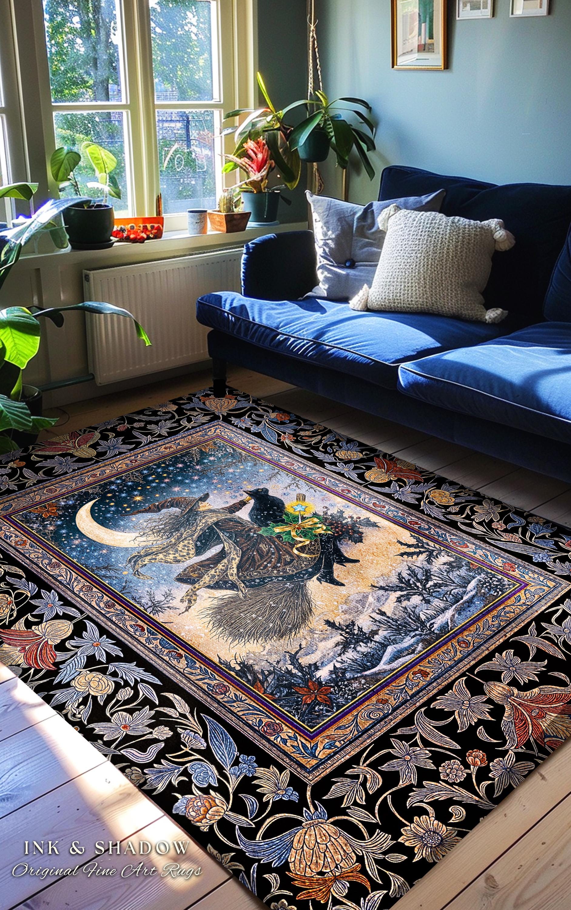 Magic Moonlit Witch Accent Rug | Ethereal Witchy Halloween Bedroom Area Rug Nostalgic Aesthetic Broomstick Black Cat Celestial Home Decor |