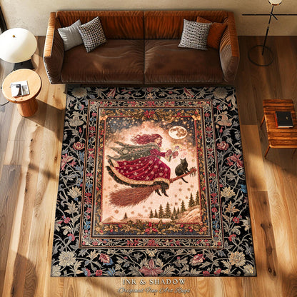 Mystical Black Cat Witch Area Rug | Fairytale Decor Gothic Cottagecore Broomstick Halloween Whimsy Gothic Maximalist Aesthetic Accent Rustic