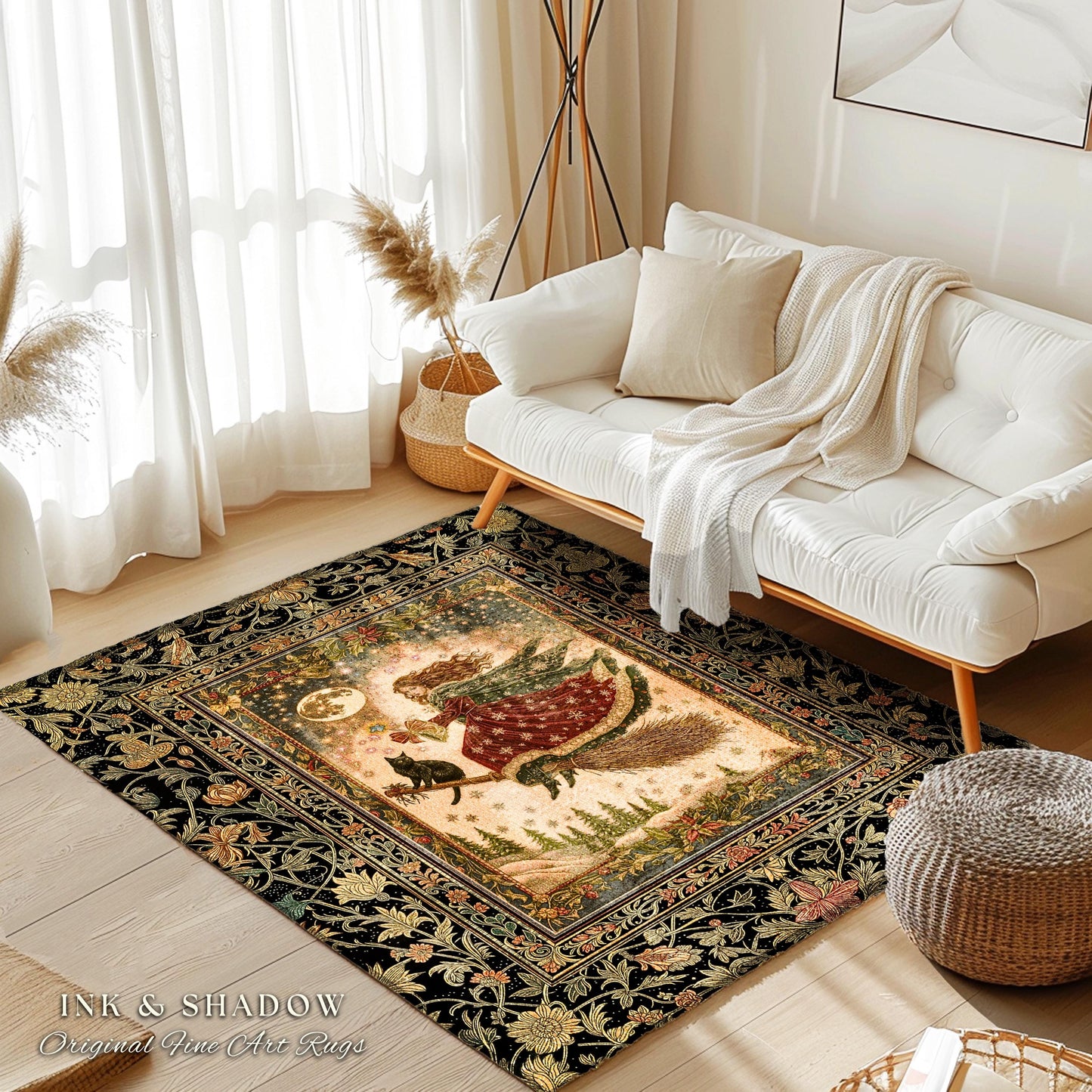 Whimsical Witchy Broomstick Accent Rug | Fairytale Gothic Decor Mystic Black Cat Celestial Moon Bedroom Botanical Dark Academia Cottagecore