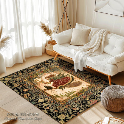 Whimsical Witchy Broomstick Accent Rug | Fairytale Gothic Decor Mystic Black Cat Celestial Moon Bedroom Botanical Dark Academia Cottagecore