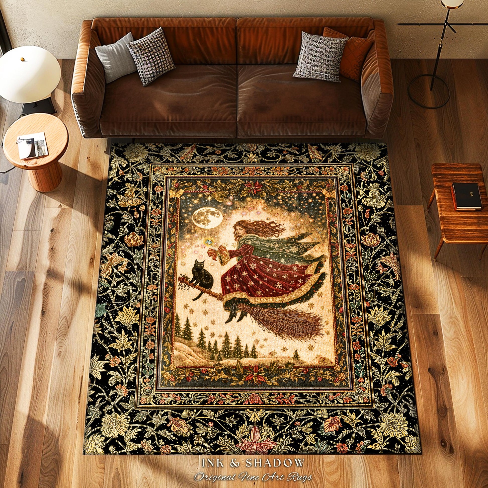 Whimsical Witchy Broomstick Accent Rug | Fairytale Gothic Decor Mystic Black Cat Celestial Moon Bedroom Botanical Dark Academia Cottagecore