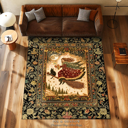 Whimsical Witchy Broomstick Accent Rug | Fairytale Gothic Decor Mystic Black Cat Celestial Moon Bedroom Botanical Dark Academia Cottagecore