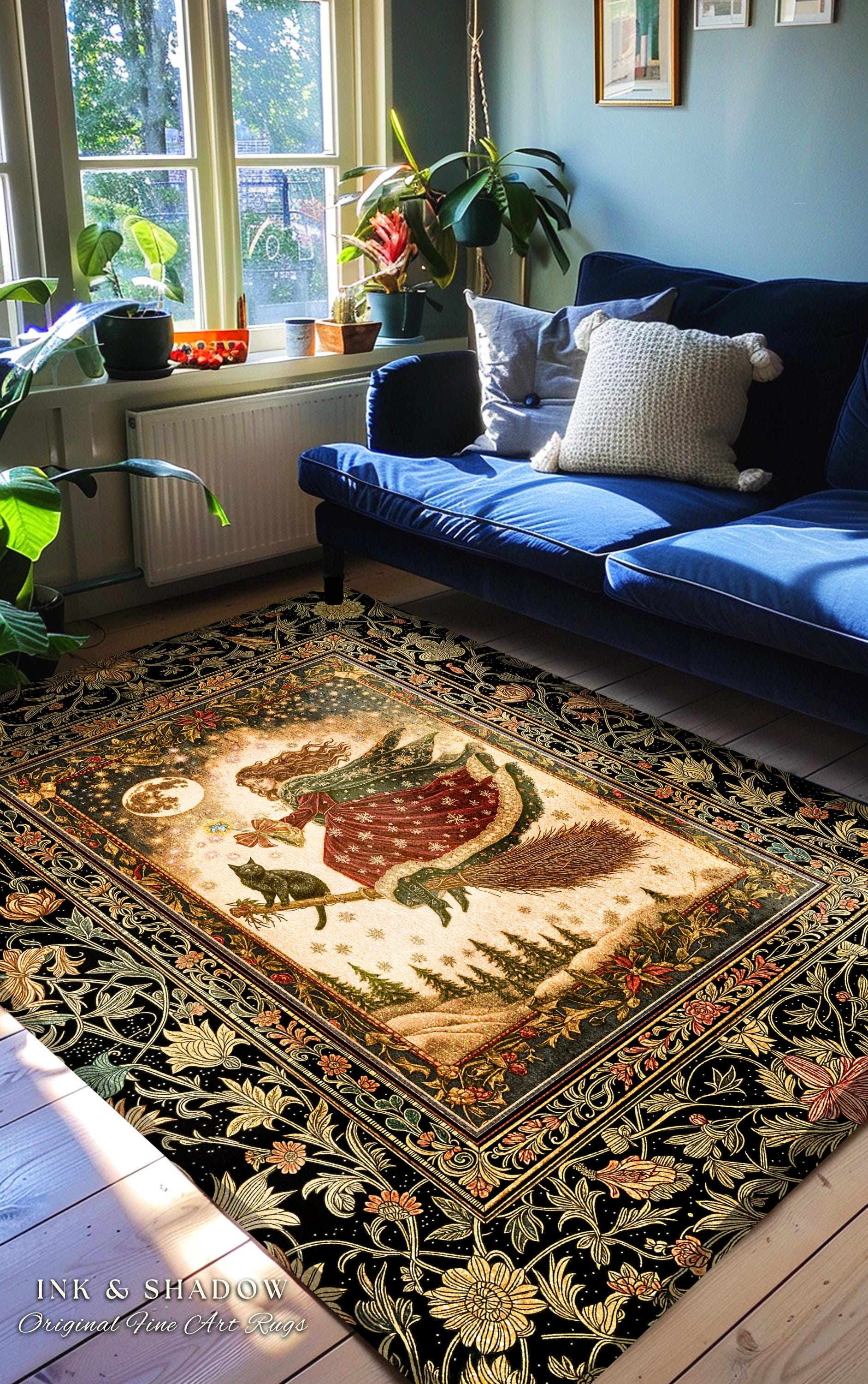 Whimsical Witchy Broomstick Accent Rug | Fairytale Gothic Decor Mystic Black Cat Celestial Moon Bedroom Botanical Dark Academia Cottagecore
