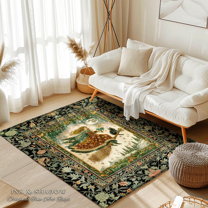 Holiday Witch Black Cat Area Rug | Nostalgic Halloween Enchanted Cottagecore Decor Mystic Aesthetic Winter Bedroom Accent Gothic Elegance |