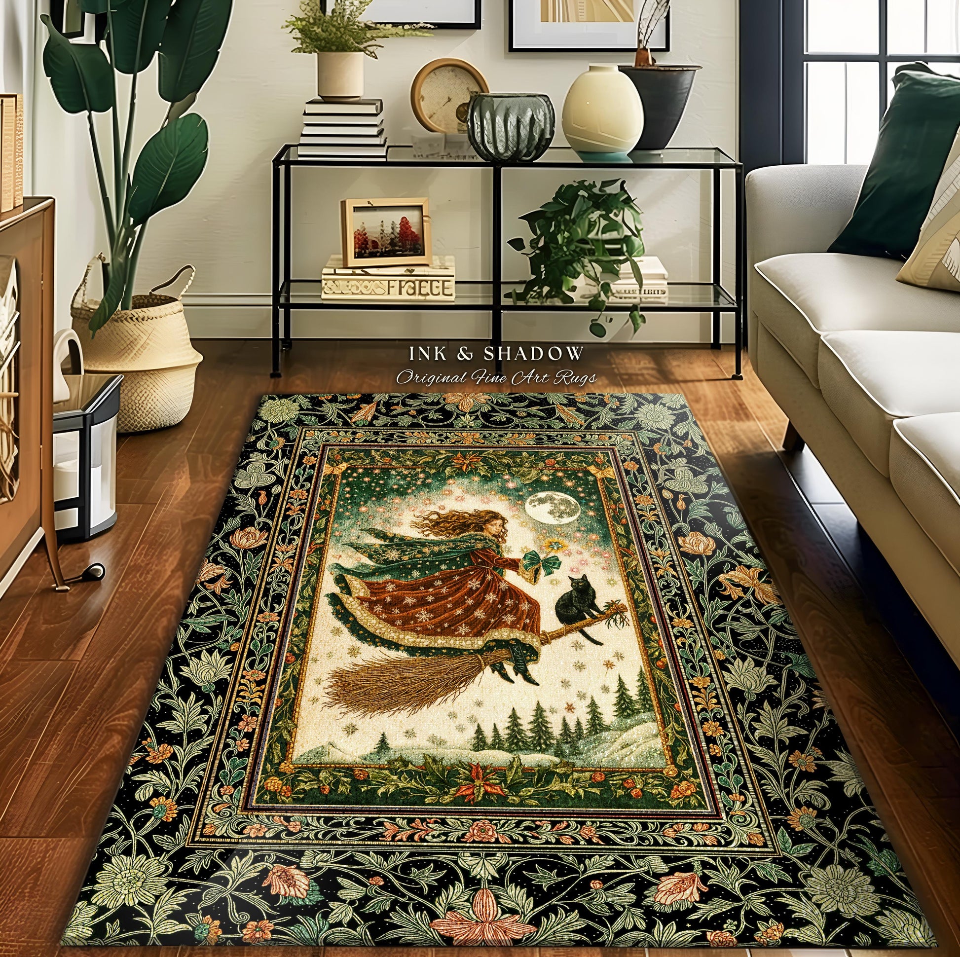 Holiday Witch Black Cat Area Rug | Nostalgic Halloween Enchanted Cottagecore Decor Mystic Aesthetic Winter Bedroom Accent Gothic Elegance |