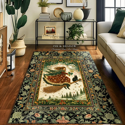 Holiday Witch Black Cat Area Rug | Nostalgic Halloween Enchanted Cottagecore Decor Mystic Aesthetic Winter Bedroom Accent Gothic Elegance |