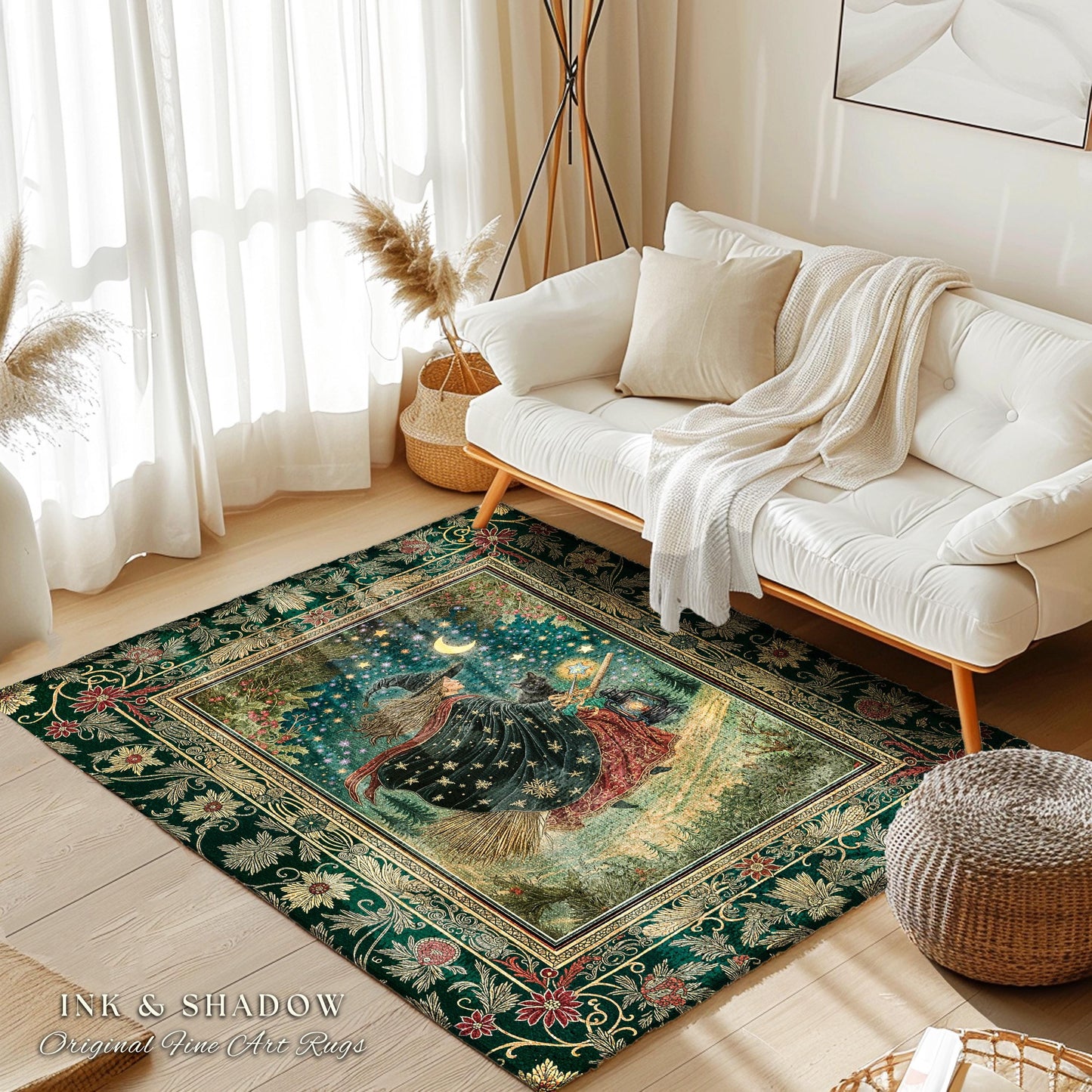 Autumn Witch Starry Celestial Rug | Gothic Decor Bewitched Black Cat Magic Cottagecore Style Enchanted Bedroom Accent Whimsical Winter Theme