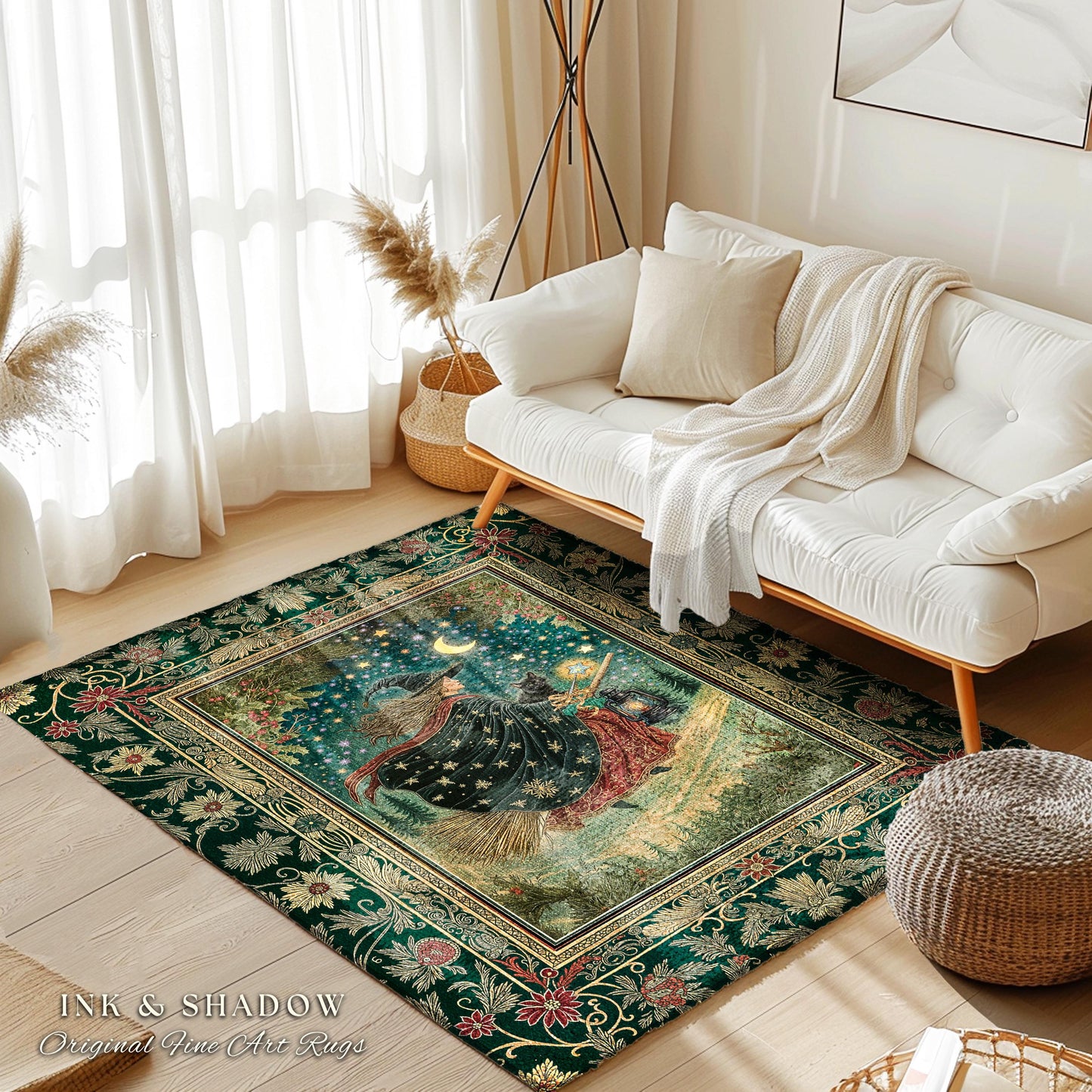 Autumn Witch Starry Celestial Rug | Gothic Decor Bewitched Black Cat Magic Cottagecore Style Enchanted Bedroom Accent Whimsical Winter Theme