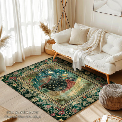 Autumn Witch Starry Celestial Rug | Gothic Decor Bewitched Black Cat Magic Cottagecore Style Enchanted Bedroom Accent Whimsical Winter Theme