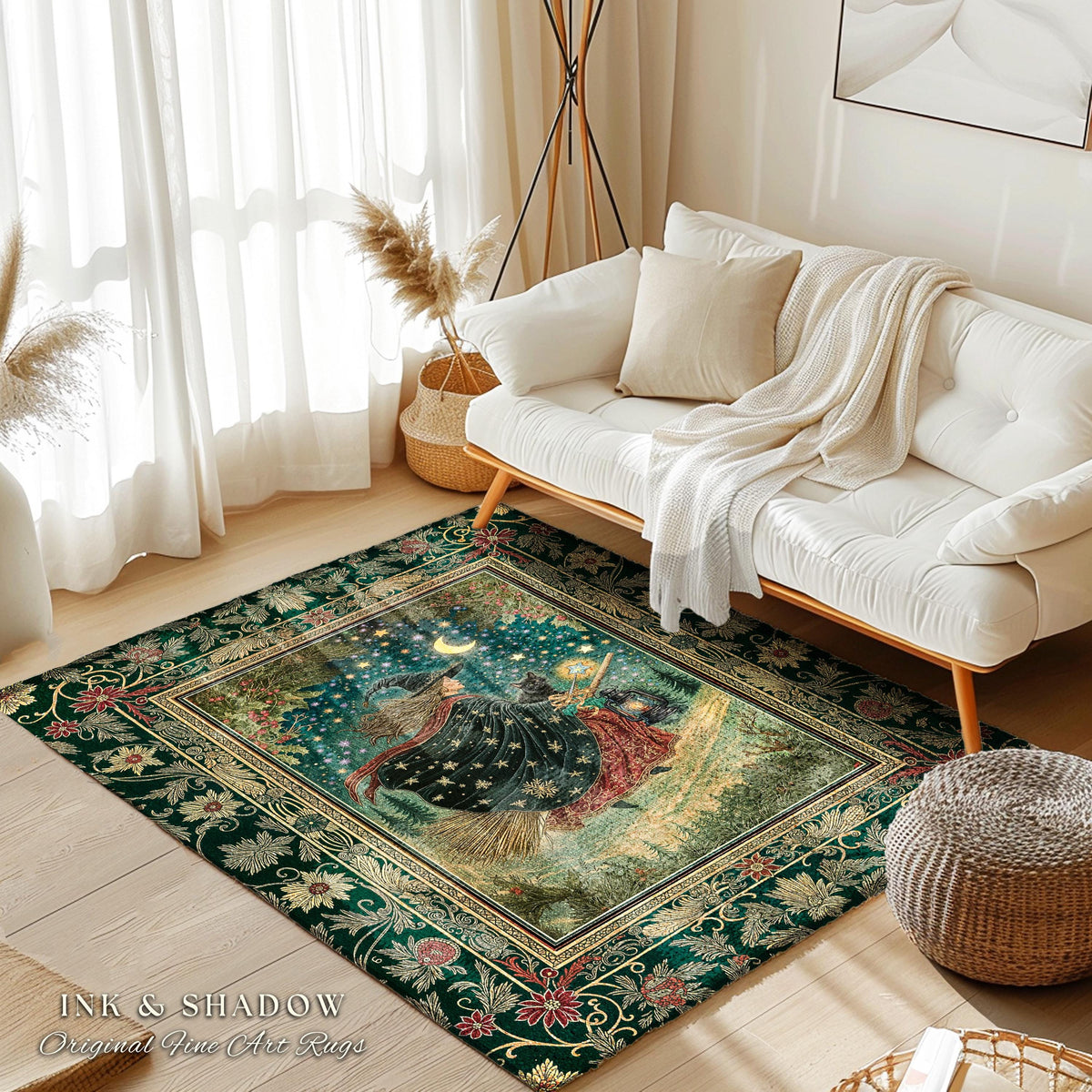Autumn Witch Starry Celestial Rug | Gothic Decor Bewitched Black Cat Magic Cottagecore Style Enchanted Bedroom Accent Whimsical Winter Theme