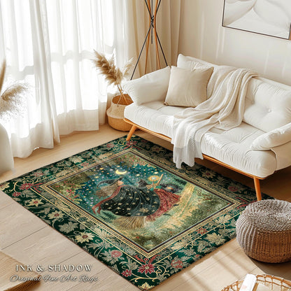 Autumn Witch Starry Celestial Rug | Gothic Decor Bewitched Black Cat Magic Cottagecore Style Enchanted Bedroom Accent Whimsical Winter Theme