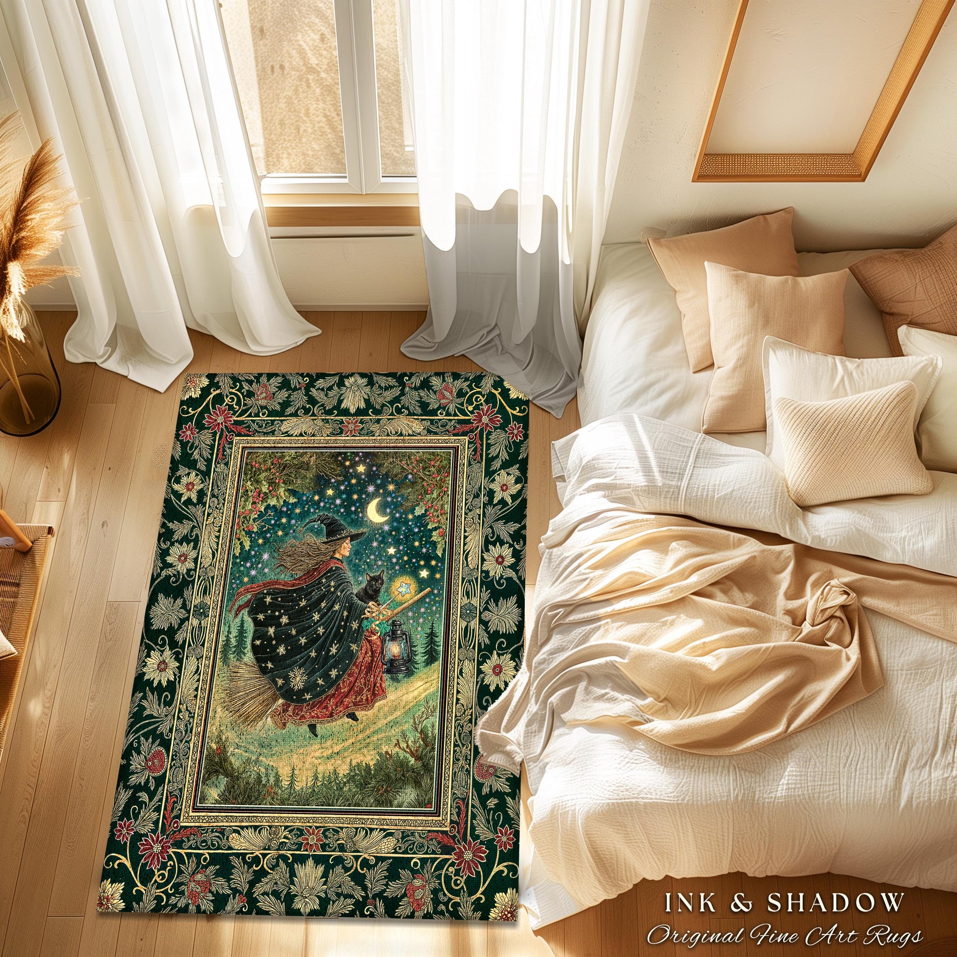 Autumn Witch Starry Celestial Rug | Gothic Decor Bewitched Black Cat Magic Cottagecore Style Enchanted Bedroom Accent Whimsical Winter Theme
