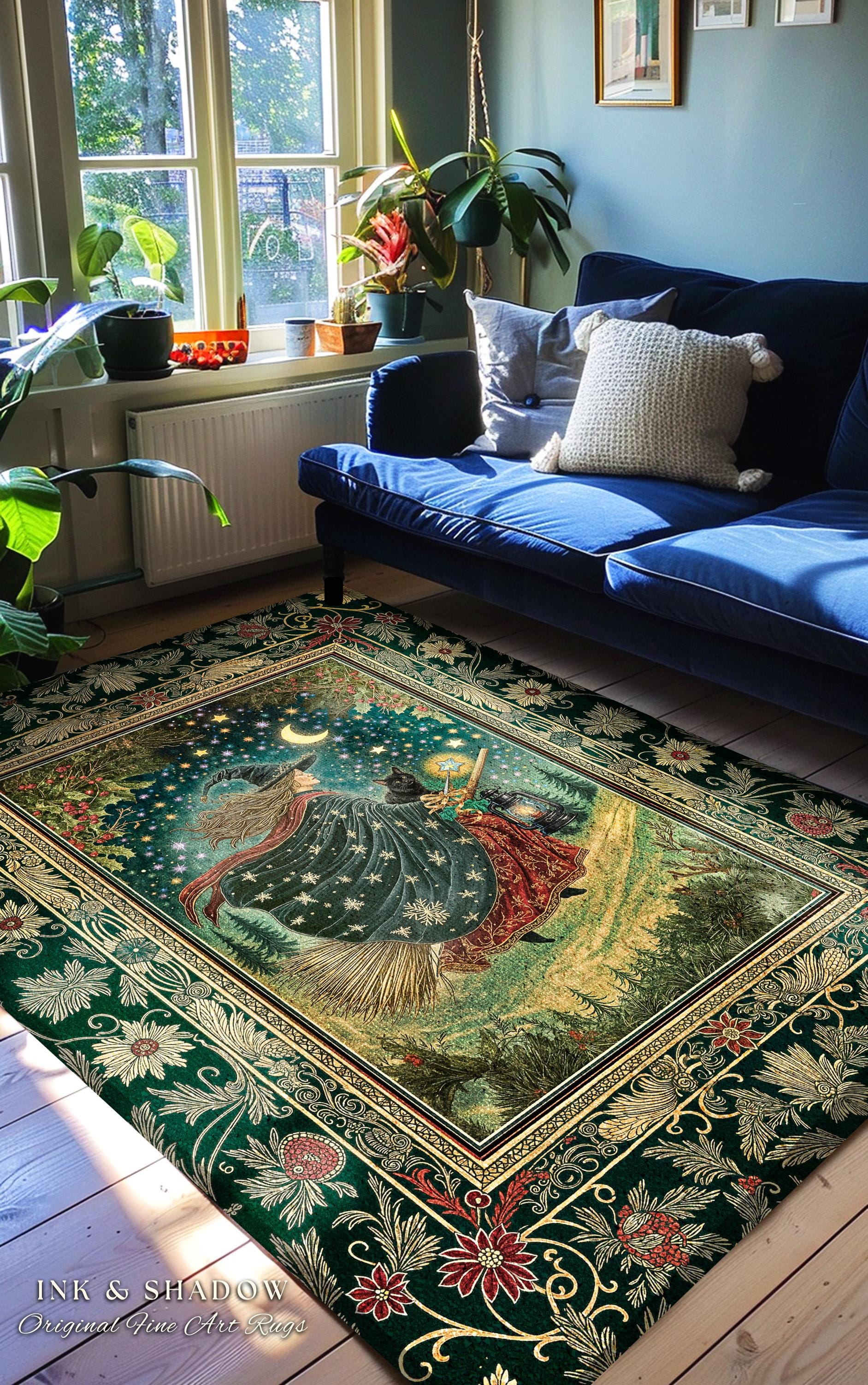 Autumn Witch Starry Celestial Rug | Gothic Decor Bewitched Black Cat Magic Cottagecore Style Enchanted Bedroom Accent Whimsical Winter Theme