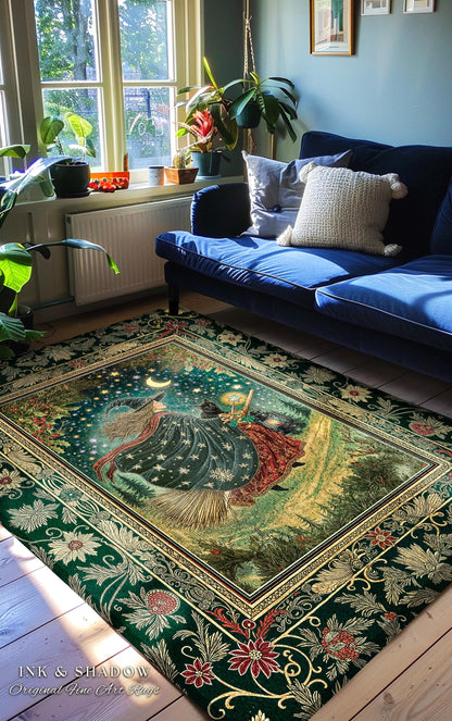 Autumn Witch Starry Celestial Rug | Gothic Decor Bewitched Black Cat Magic Cottagecore Style Enchanted Bedroom Accent Whimsical Winter Theme