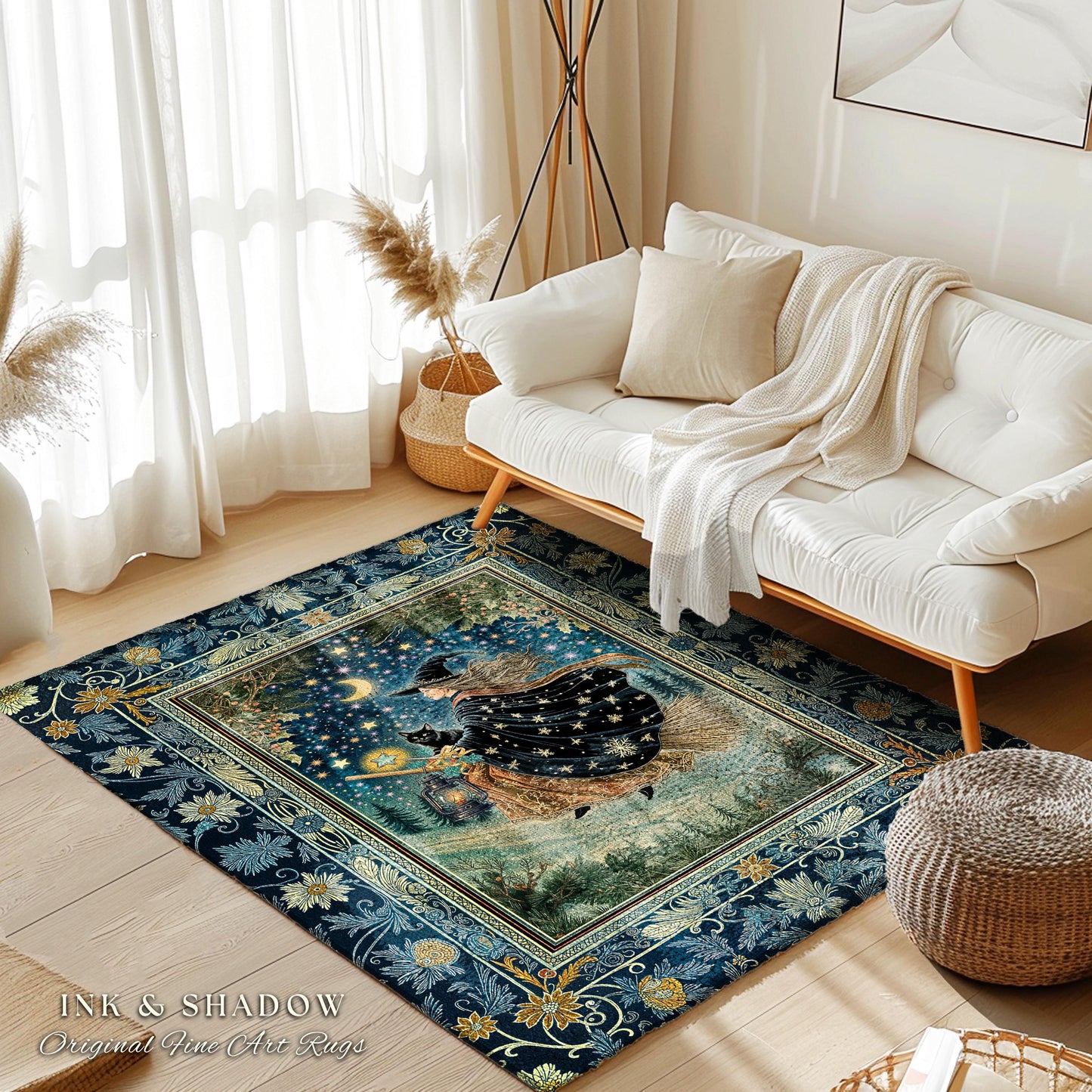 Nostalgic Storybook Witch Rug | Gothic Home Accent Enchanted Black Cat Magic Dark Academia Broomstick Moonlit Decor Throw Ethereal Bedroom
