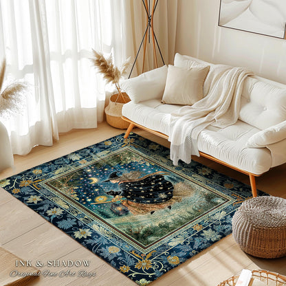Nostalgic Storybook Witch Rug | Gothic Home Accent Enchanted Black Cat Magic Dark Academia Broomstick Moonlit Decor Throw Ethereal Bedroom
