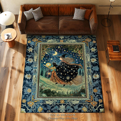 Nostalgic Storybook Witch Rug | Gothic Home Accent Enchanted Black Cat Magic Dark Academia Broomstick Moonlit Decor Throw Ethereal Bedroom |