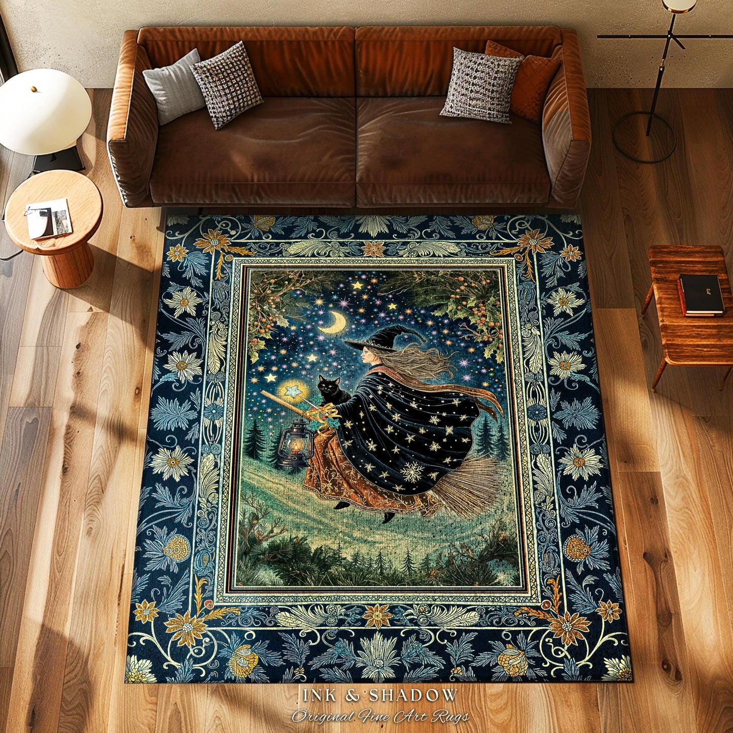 Nostalgic Storybook Witch Rug | Gothic Home Accent Enchanted Black Cat Magic Dark Academia Broomstick Moonlit Decor Throw Ethereal Bedroom