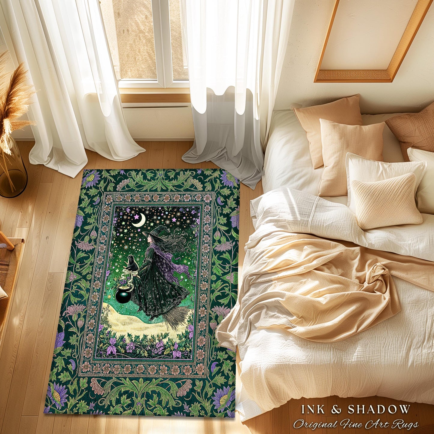 Botanical Witch Flying Broomstick Rug | Whimsigoth Bedroom Accent Gothic Cat Mystic Midnight Magic Aesthetic Moody Green Sky Moonlight Decor