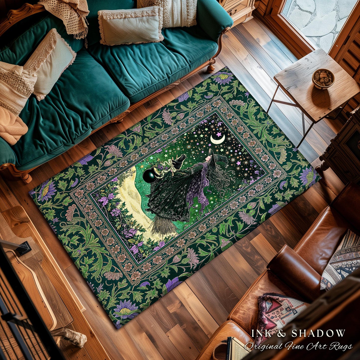 Botanical Witch Flying Broomstick Rug | Whimsigoth Bedroom Accent Gothic Cat Mystic Midnight Magic Aesthetic Moody Green Sky Moonlight Decor