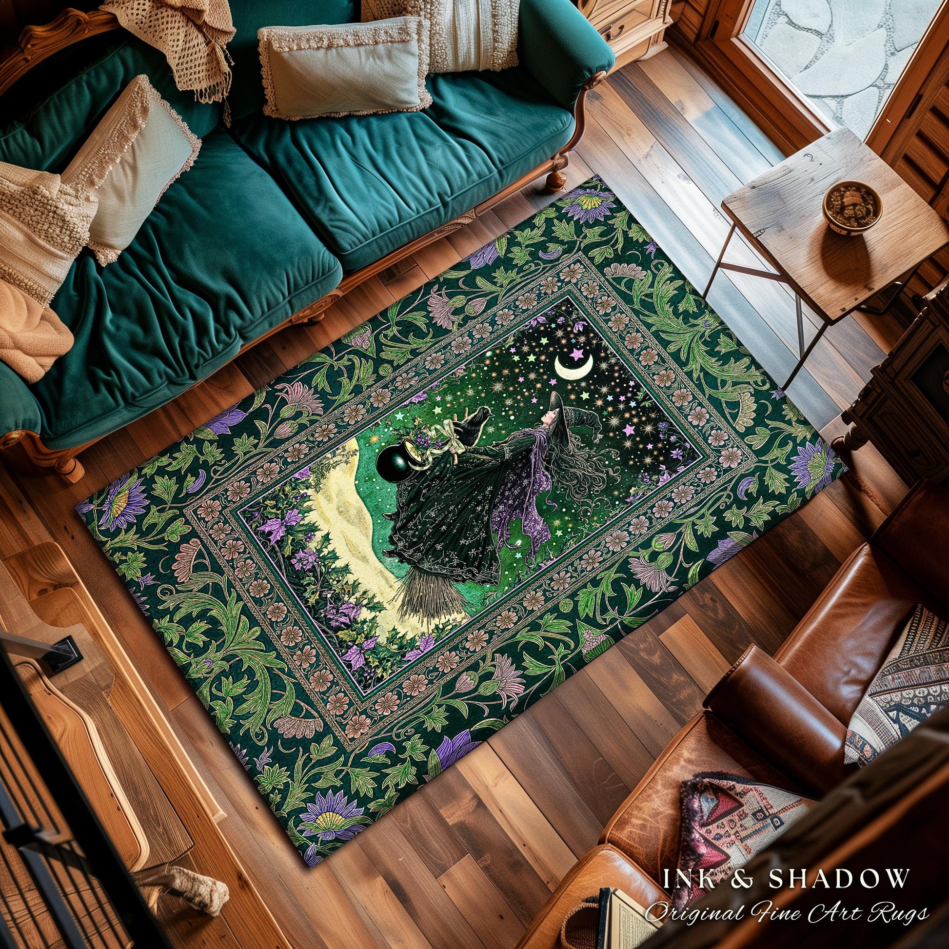 Botanical Witch Flying Broomstick Rug | Whimsigoth Bedroom Accent Gothic Cat Mystic Midnight Magic Aesthetic Moody Green Sky Moonlight Decor