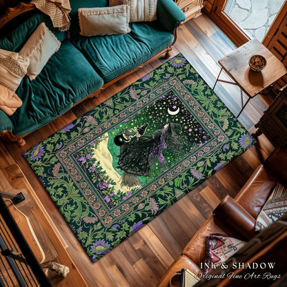 Botanical Witch Flying Broomstick Rug | Whimsigoth Bedroom Accent Gothic Cat Mystic Midnight Magic Aesthetic Moody Green Sky Moonlight Decor