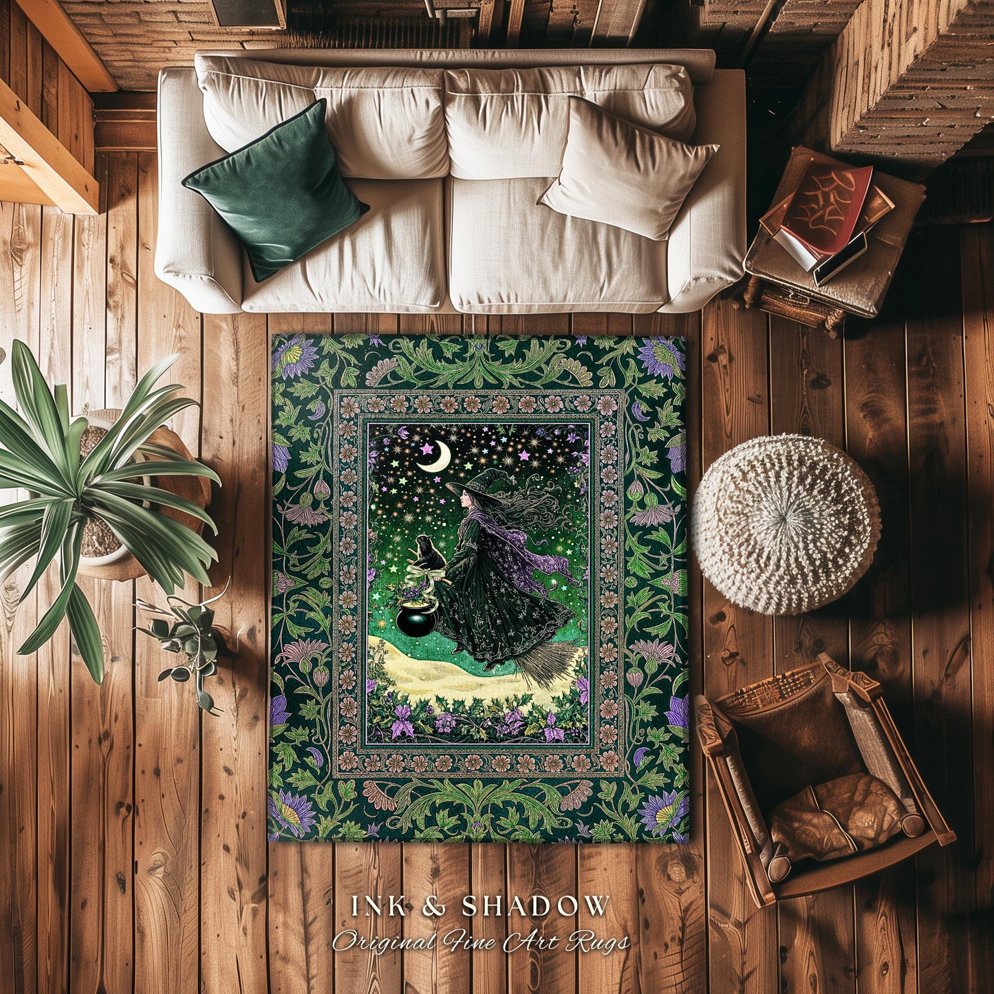 Botanical Witch Flying Broomstick Rug | Whimsigoth Bedroom Accent Gothic Cat Mystic Midnight Magic Aesthetic Moody Green Sky Moonlight Decor