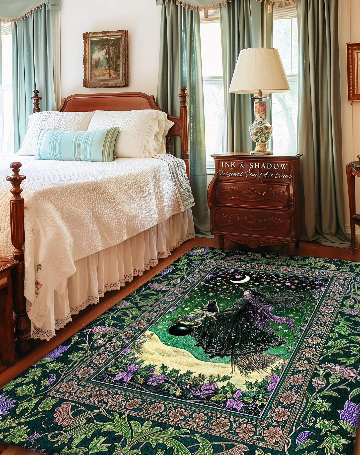 Botanical Witch Flying Broomstick Rug | Whimsigoth Bedroom Accent Gothic Cat Mystic Midnight Magic Aesthetic Moody Green Sky Moonlight Decor