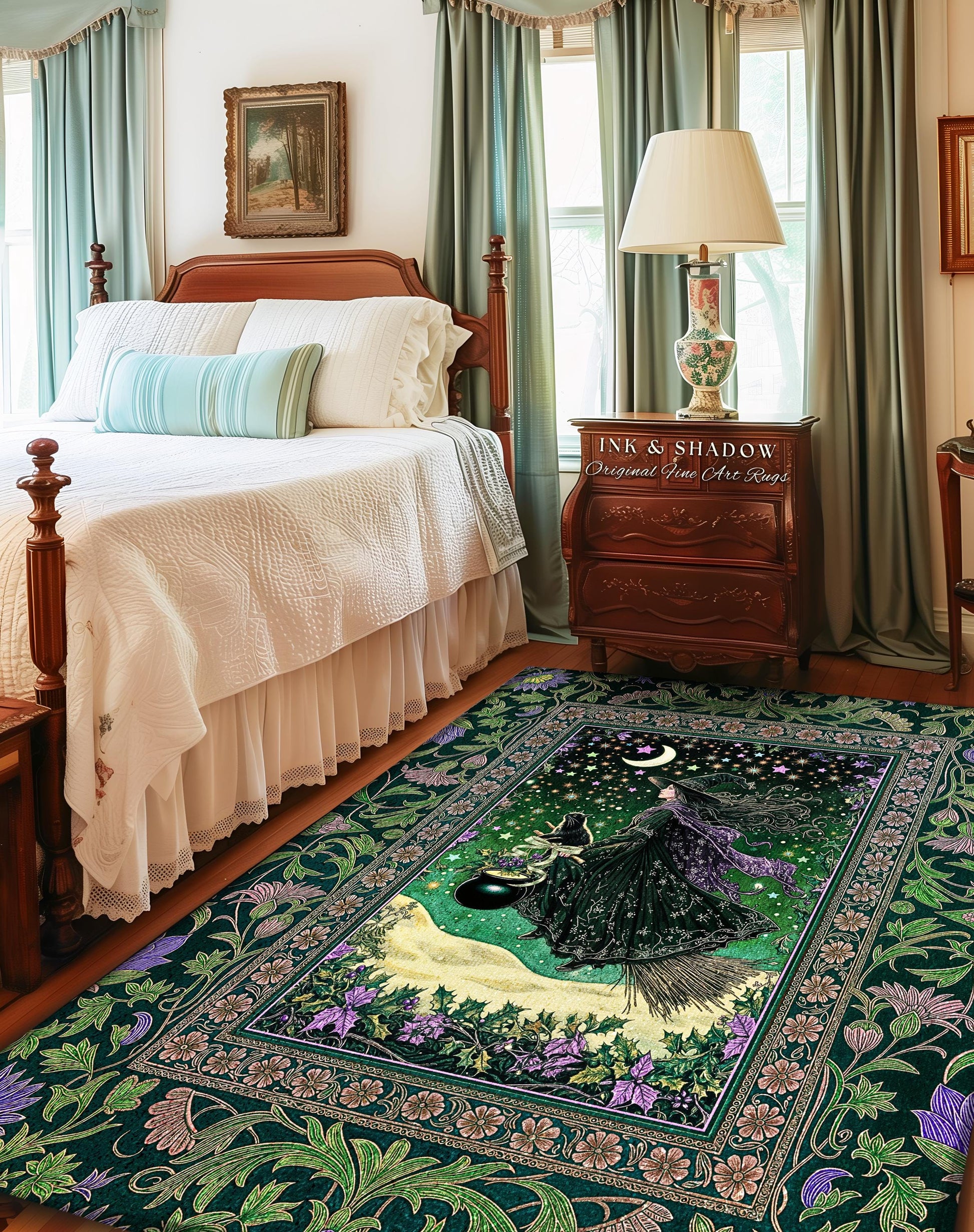 Botanical Witch Flying Broomstick Rug | Whimsigoth Bedroom Accent Gothic Cat Mystic Midnight Magic Aesthetic Moody Green Sky Moonlight Decor