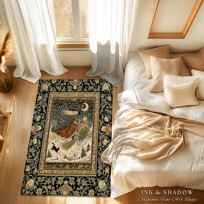 Winter Folklore Witch Accent Rug | Enchanted Cottagecore Decor Mystic Aesthetic Black Cat Gothic Elegance Celestial Storybook Bedroom Rug |