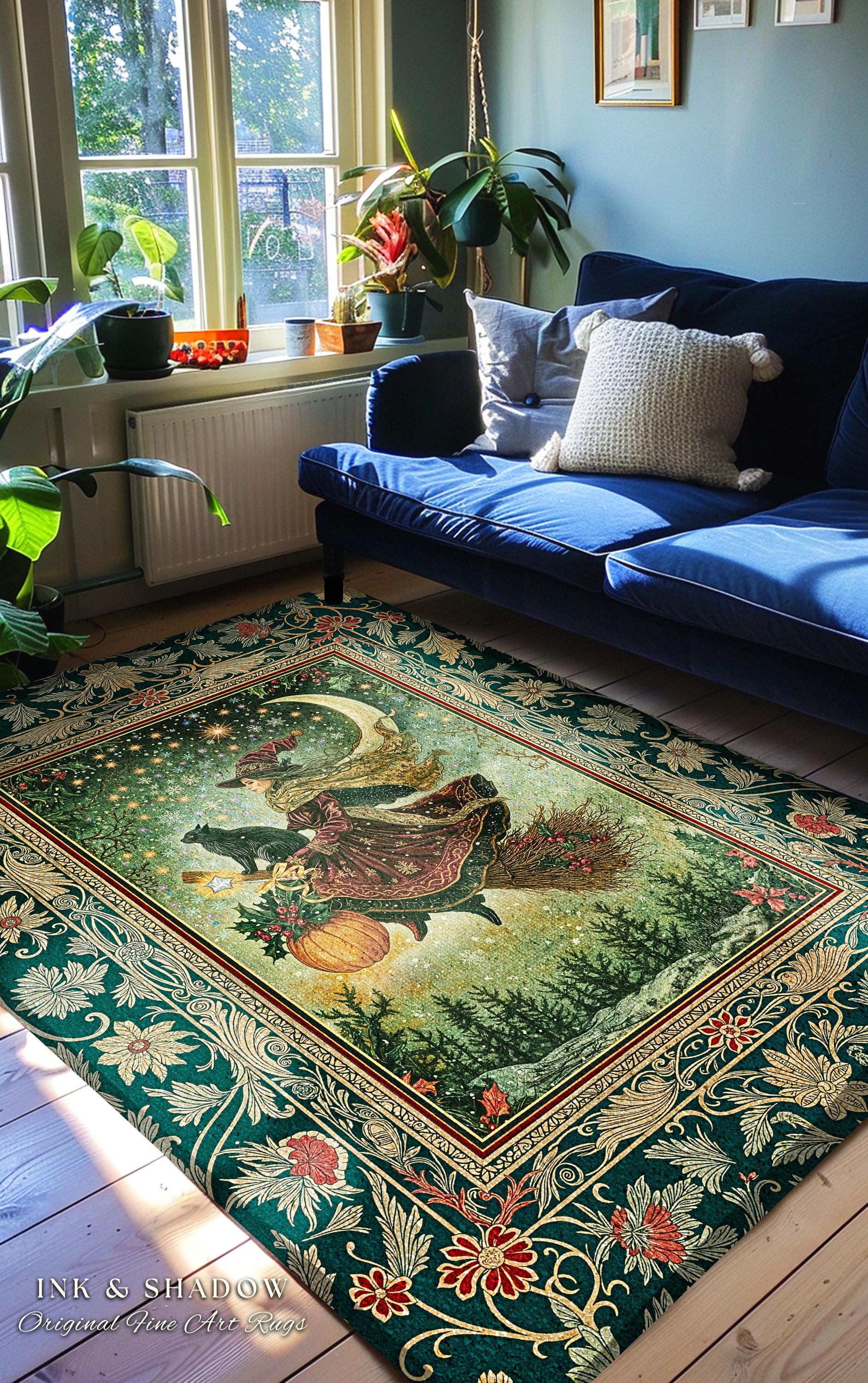 Celestial Moon Whimsical Witch Area Rug | Gothic Folk Decor Dark Magic Broomstick Black Cat Art Dark Academia Bedroom Botanical Witchcore |