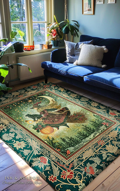 Celestial Moon Whimsical Witch Area Rug | Gothic Folk Decor Dark Magic Broomstick Black Cat Art Dark Academia Bedroom Botanical Witchcore |
