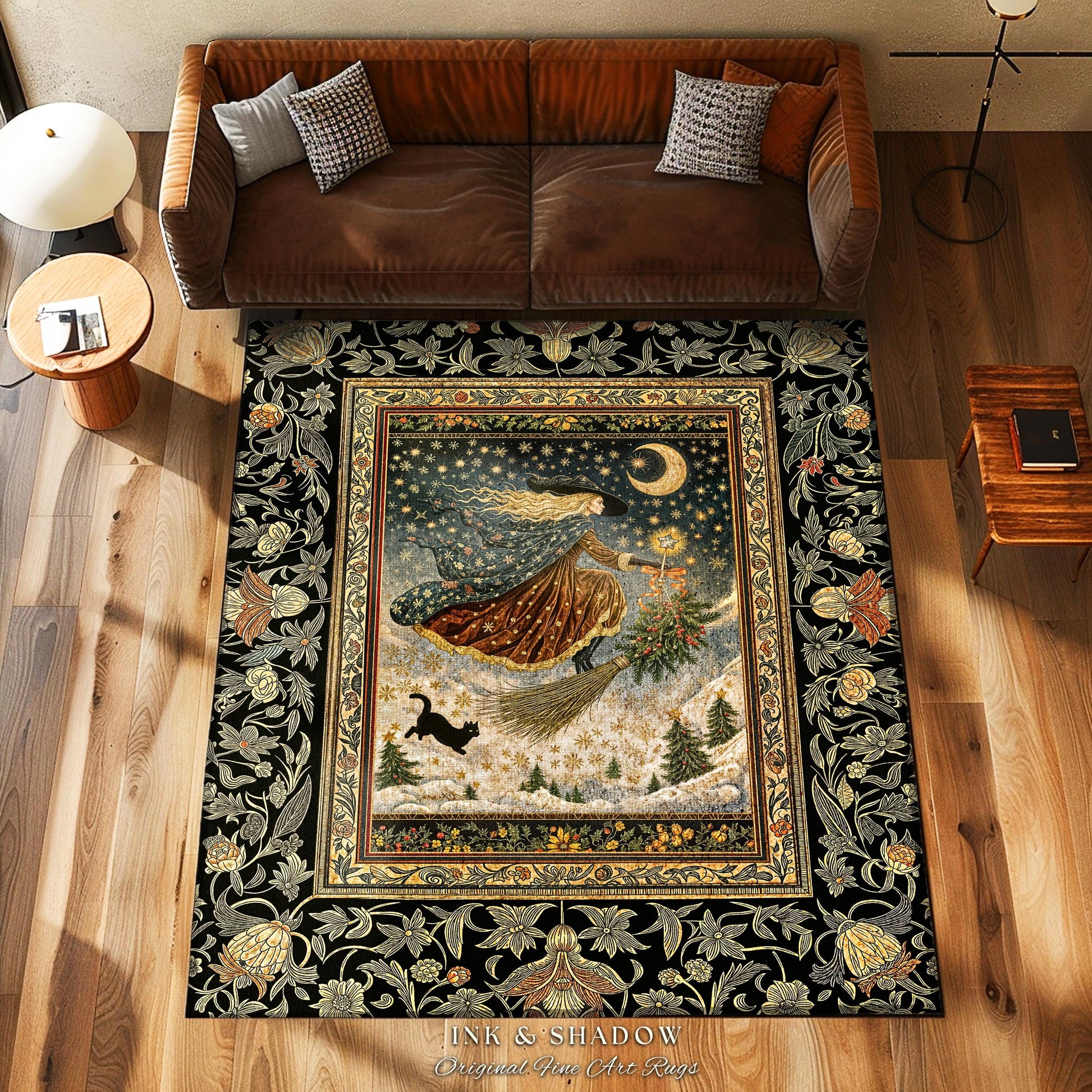 Winter Folklore Witch Accent Rug | Enchanted Cottagecore Decor Mystic Aesthetic Black Cat Gothic Elegance Celestial Storybook Bedroom Rug |