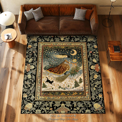 Winter Folklore Witch Accent Rug | Enchanted Cottagecore Decor Mystic Aesthetic Black Cat Gothic Elegance Celestial Storybook Bedroom Rug |