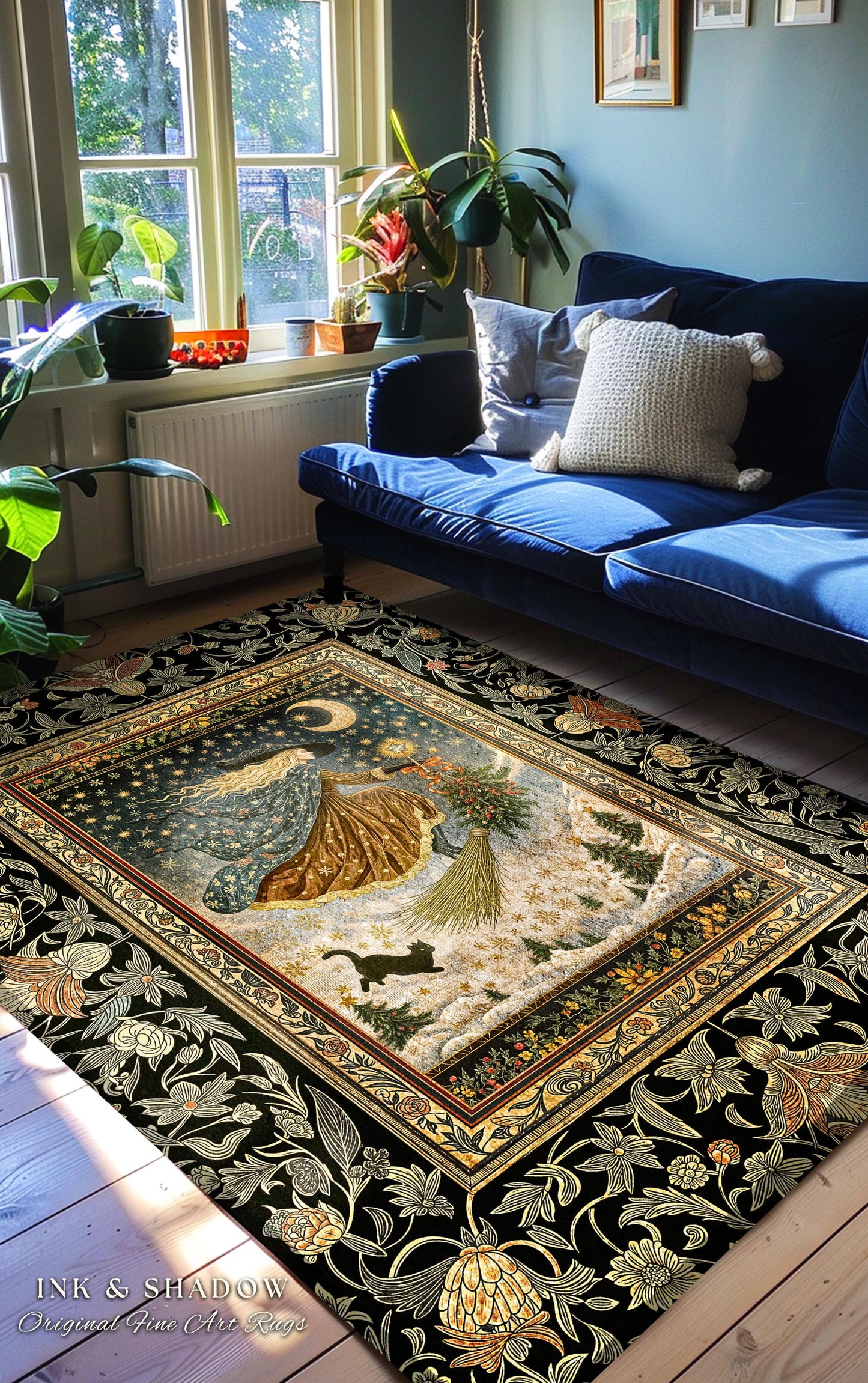 Winter Folklore Witch Accent Rug | Enchanted Cottagecore Decor Mystic Aesthetic Black Cat Gothic Elegance Celestial Storybook Bedroom Rug |