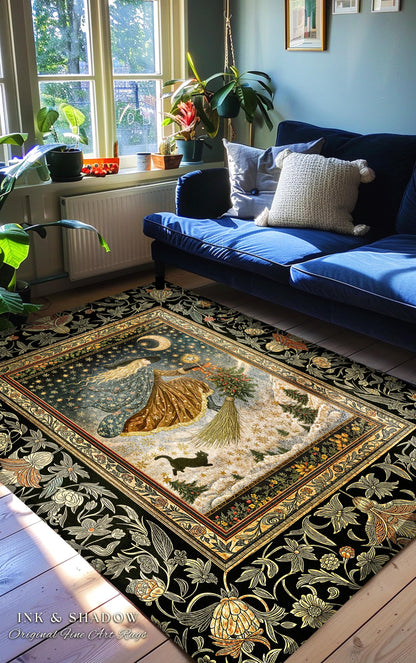 Winter Folklore Witch Accent Rug | Enchanted Cottagecore Decor Mystic Aesthetic Black Cat Gothic Elegance Celestial Storybook Bedroom Rug |