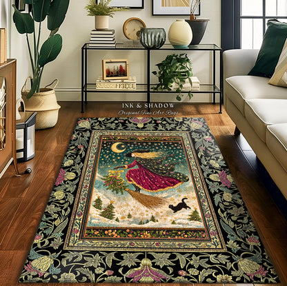 Snowy Moonlit Night Witchy Rug | Celestial Cat Gothic Decor Broomstick Ride Whimsigoth Magic Cottagecore Folk Aesthetic Bedroom Accent Rug |