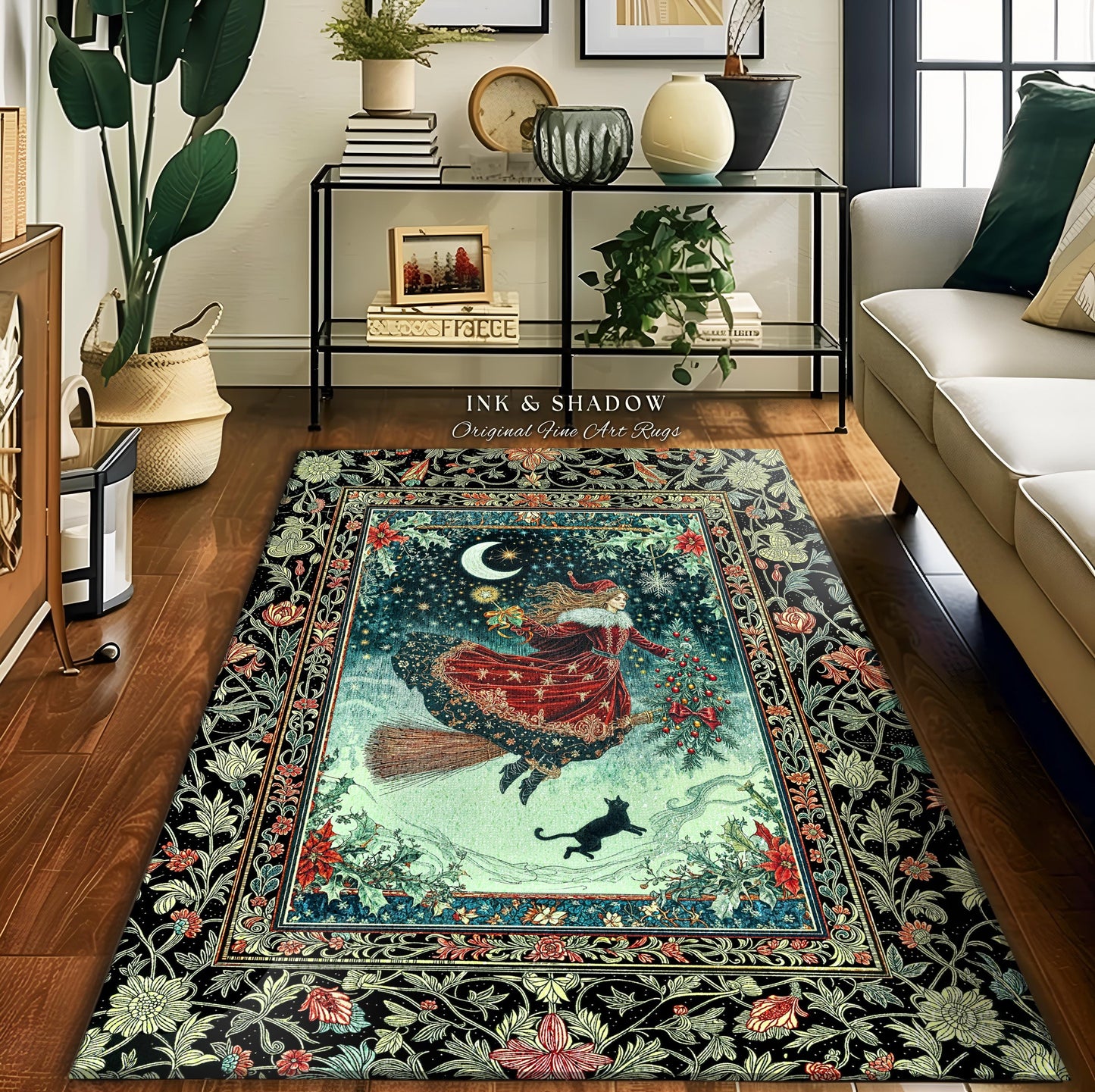 Wonderland Witch Boho Area Rug | Mystic Gothic Art Black Cat Folk Magic Broomstick Whimsigoth Cottagecore Celestial Moon Stars Bedroom Retro