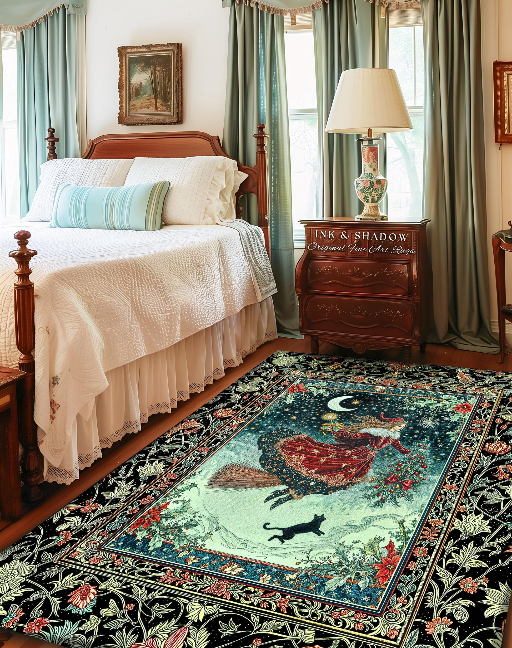 Wonderland Witch Boho Area Rug | Mystic Gothic Art Black Cat Folk Magic Broomstick Whimsigoth Cottagecore Celestial Moon Stars Bedroom Retro