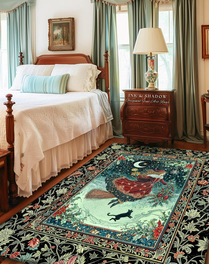 Wonderland Witch Boho Area Rug | Mystic Gothic Art Black Cat Folk Magic Broomstick Whimsigoth Cottagecore Celestial Moon Stars Bedroom Retro
