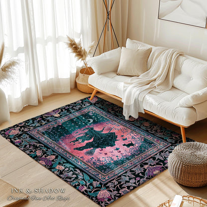 Moody Magenta Witch Silhouette Rug | Whimsigoth Aesthetic Flying Broomstick Black Cat Halloween Moon Magic Night Gothic Folklore Bedroom Art