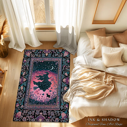 Moody Magenta Witch Silhouette Rug | Whimsigoth Aesthetic Flying Broomstick Black Cat Halloween Moon Magic Night Gothic Folklore Bedroom Art