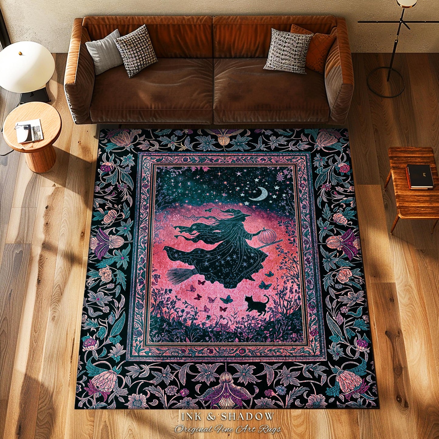 Moody Magenta Witch Silhouette Rug | Whimsigoth Aesthetic Flying Broomstick Black Cat Halloween Moon Magic Night Gothic Folklore Bedroom Art